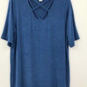 Chico's Travelers Criss Cross V-Neck Short Sleeve Blouse Blue Size 2 (12/14)